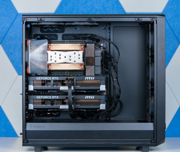 Shown with 512GB of RAM, Air CPU Cooler, and dual RTX 5090 GPUs (all optional). In-house 3D Printed fan duct is included for systems with over 256GB RAM or by request.