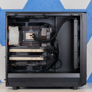 Shown with 1TB of RAM, Liquid Cooler, and dual RTX A6000 GPUs (all optional). In-house 3D Printed fan duct is included for systems with over 256GB RAM or by request.
