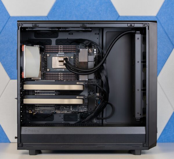 Shown with 1TB of RAM, Liquid Cooler, and dual RTX A6000 GPUs (all optional). In-house 3D Printed fan duct is included for systems with over 256GB RAM or by request.