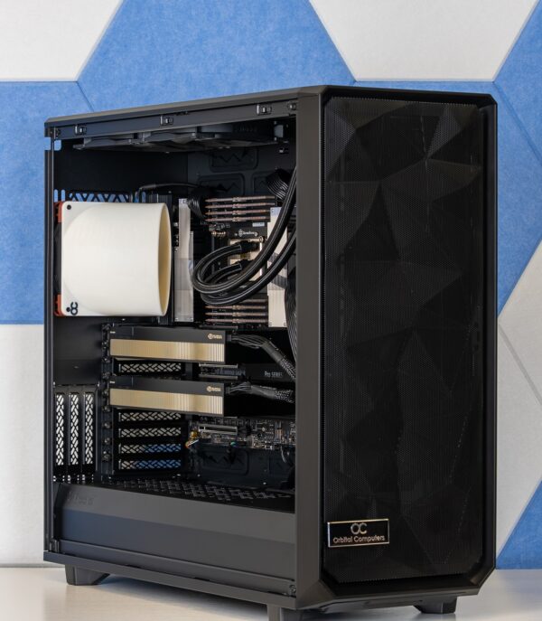 Shown with 1TB of RAM, Liquid Cooler, and dual RTX A6000 GPUs (all optional). In-house 3D Printed fan duct is included for systems with over 256GB RAM or by request.